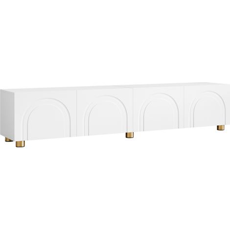 Mueble TV bajo blanco de 180 cm con 4 puertas y relieve de arco, patas metálicas (1/5)