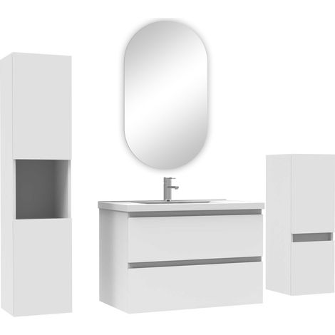 Acezanble ensemble meubles Salle de Bain 80cm simple vasque + colonne + miroir ovale mural Blanc