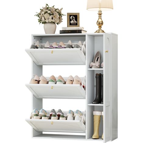 Meuble à chaussures avec 3 abattants et 1 porte, meuble à chaussures étroit, commode à chaussures avec cloisons réglables, rangement à chaussures sur pied pour entrée salon, blanc, 90x25x114cm