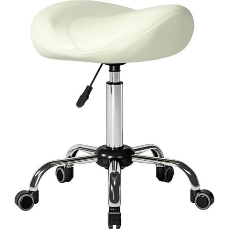 Tabouret-selle roulant à hauteur réglable en simili-cuir PU, blanc crème. Convient aux massages, spas, cliniques, centres de beauté et tatouages. (1/5)