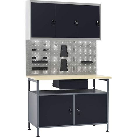 Établi avec 3 panneaux muraux et 1 armoire Etabli d'atelier - Étagère de stockage BV171107 - BonneVie (1/5)