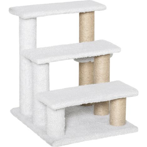 Escalier pour chat et chien à 3 marches avec griffoir intégré et balle ludique, adapté aux chats jusqu’à 5 kg, en jute et peluche, couleur blanche, dimensions 45 x 40 x 48 cm (1/5)