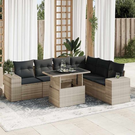 Ensemble salon de jardin en résine tressée gris clair avec 7 coussins, table extensible et rangement intégré (1/5)
