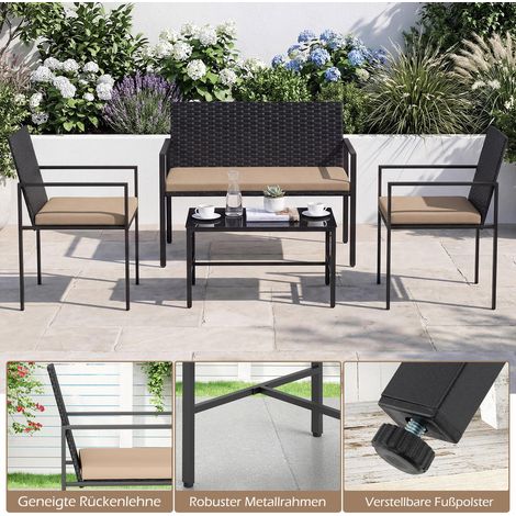 Rotin PE tressé, salon de jardin 4 pièces avec coussins et table basse en verre trempé pour terrasse ou balcon (1/5)