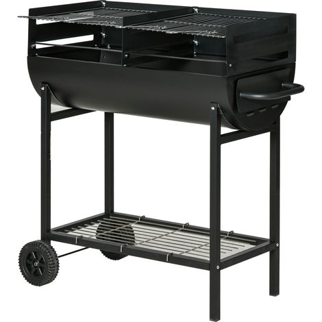 Barbacoa de carbón con parrilla regulable en altura para uso exterior, barbacoa portátil con estante de almacenamiento y ruedas, 90 x 45 x 96 cm, negra.