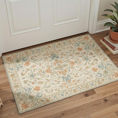 Tapis Entree Interieur Vintage 60x90cm Lavable en Machine AntidéRapant Poil Ras, pour Chambre Salle a Manger Descente de Lit Bureau, Cuisine,Crème Pêche et Bleu Pâle (1/5)