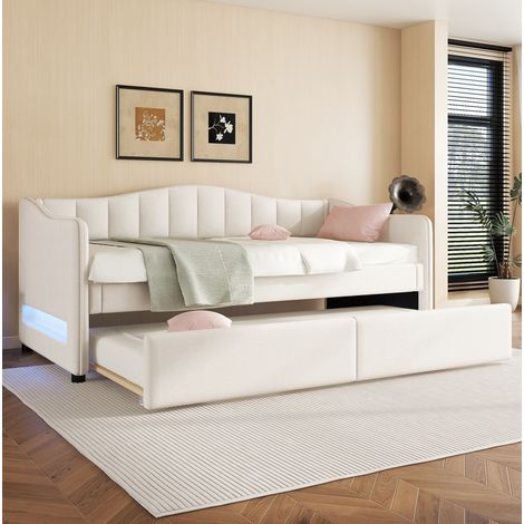 Tagesbett Leinen Beige 90x200 cm mit ausziehbarem Rollbett und LED-Kopfteil (1/5)