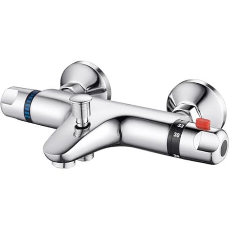 Mitigeur/Robinet Douche Thermostatique en Laiton, avec Bouton de Sécurité à 38℃, Robinet pour Baignoire avec 2 Sorties D'eau, Chromé (1/5)
