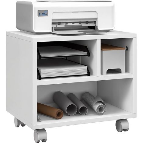 Support pour imprimante blanc à roulettes avec compartiments ouverts, 40x30x36 cm, bureau compact et organisé (1/5)