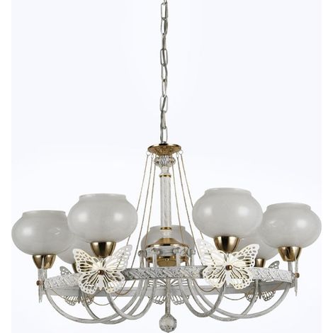 TrAdE Shop Traesio - Lampadario Classico Bianco Anticato Shabby Chic Lampada 7 Coppe Con Farfalle 92433 - (1/3)