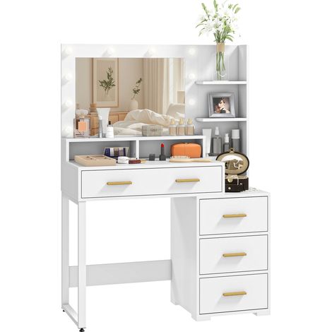 Toeletta con specchio 9 LED 100 x 40 x 138 cm ampio piano di appoggio portaoggetti 4 cassetti 6 scomparti stile moderno in MDF bianco 210001580