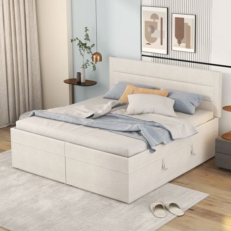 Doppelbett 140x200 cm Beige aus Massivholz und MDF mit Stauraum und hochklappbarem Lattenrost (1/5)