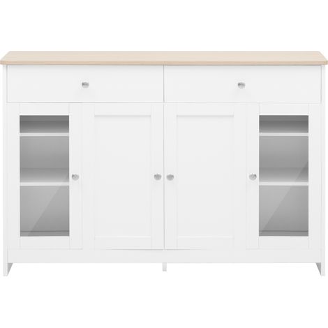 Buffet en MDF blanc et couleur bois avec 4 portes et 2 tiroirs, 120 cm, style campagne (1/5)