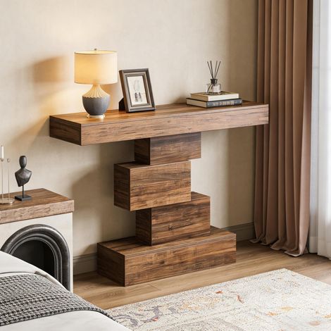 REDOM - Mesa de comedor 108x30x80 cm, diseño escalonado, base geométrica, para decoración, madera marrón oscuro (1/5)