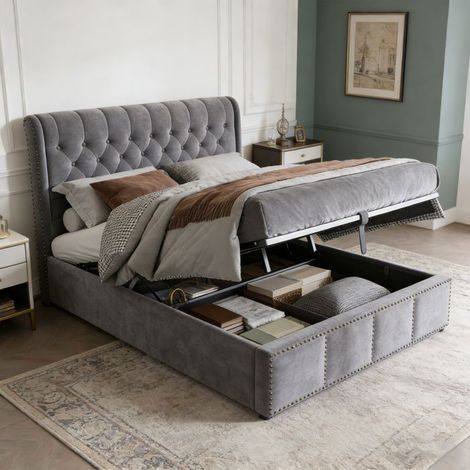 Letto contenitore 160x200 - NEXU - ripostiglio idraulico - Rete a doghe - 2 posti - Velluto grigio