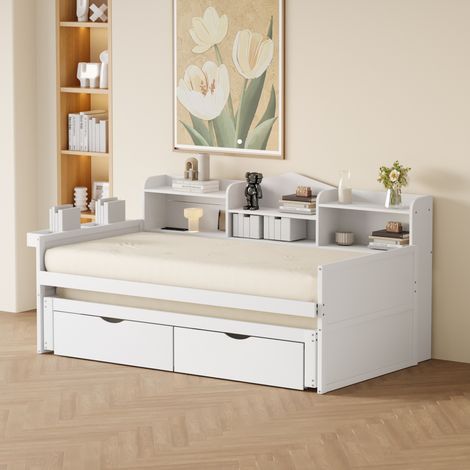 Canapé-lit 90 x 200 cm, lit gigogne 90 x 190 cm avec deux tiroirs, grand compartiment de rangement et panier de rangement, prise USB, lit simple en bois, blanc (1/4)
