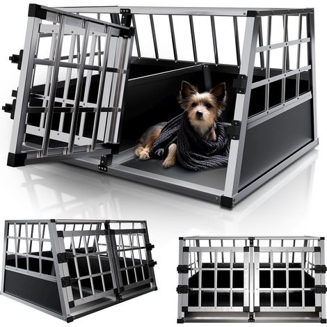 Juskys Alu Hundetransportbox – Auto Hundebox robust & pflegeleicht, Gittertür verschließbar, Aluminium Transportbox für Hunde - Größe L-X - 65×91×69 cm