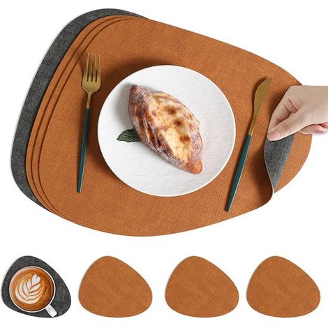 Set de table et dessous de verre antidérapant double face, lavable et imperméable, 42 x 34 cm, orange-jaune (1/4)