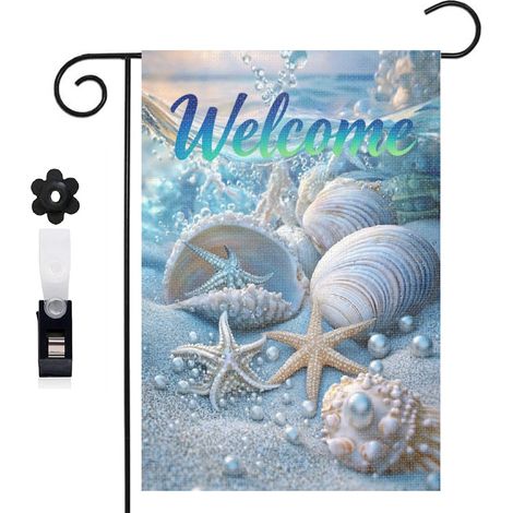 Drapeau de jardin bienvenue 30 x 45 cm motif étoiles de mer coquillages et perles toile double face extérieure (1/5)