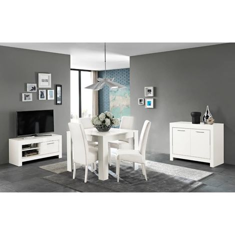 DENAE - Ensemble Salon Séjour Laqué Blanc Brillant Meuble TV + Buffet 2 Portes + Table 100cm (1/5)