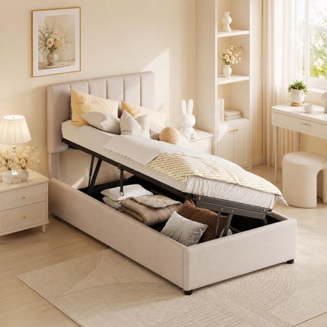 Lit enfant 90 x 200 cm avec sommier à lattes - Lit simple 90 x 200 - Tête de lit rembourrée - Espace de rangement à vérins - Lin beige - Style scandinave (1/5)