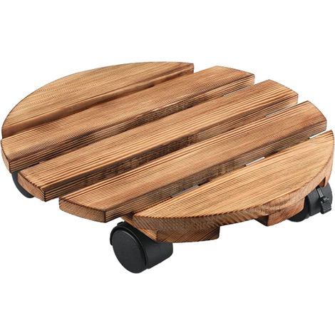 Support à plantes robuste, rond, verrouillable et roulant, en bois, pour intérieur et extérieur.