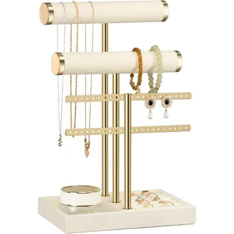 Support Pour Bracelets - Support Bijoux 3 Niveaux Avec Tige Amovible - En Velours Beige Et Métal Doré - Pour Bracelets Colliers Montres Anneaux - Lot De 1 (1/5)