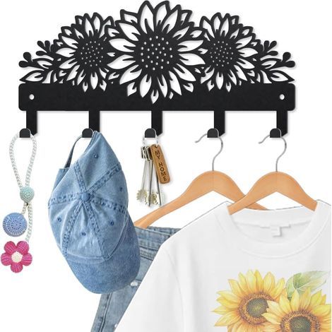 Crochet mural en métal pour clés, fleurs, feuilles, 25 x 12 cm, motif tournesol, décoration murale, porte-clés, avec 5 crochets pour suspendre cadeaux, manteaux, chapeaux, serviettes, sacs (1/5)