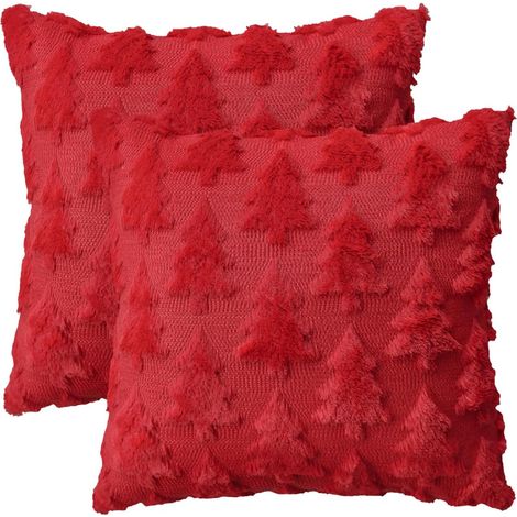 Set mit 2 dekorativen Kissenbezügen aus Kunstpelz, Kiefernrot, 45 x 45 cm, Winter, Schlafzimmer
