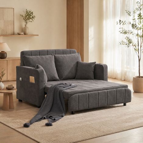 Sofá cama 139x73x83 cm gris, convertible con bolsillos, tejido chenilla MEUBLIV (1/5)