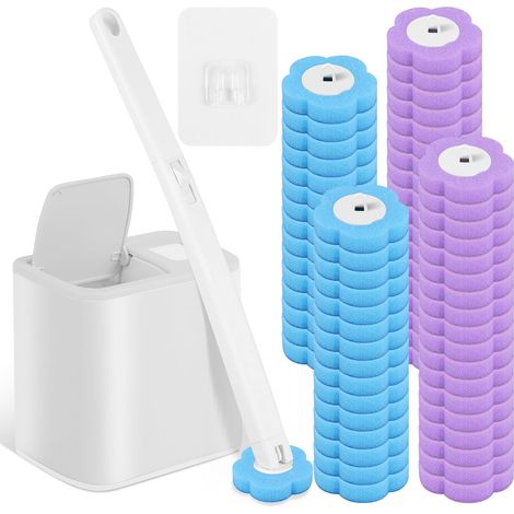 Brosse WC jetable avec 66 têtes de rechange biodégradables - Brosse WC avec support de nettoyage pour bords - Montage mural - Nettoyage à 360° - Pour toilettes, salles de douche, lavabos - Blanc (1/5)