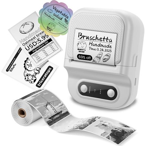 Étiqueteuse portable Bluetooth, mini imprimante thermique de poche, connexion Bluetooth rapide, impression sans encre sécurisée, étiqueteuse pour la maison, le bureau, l'école (BLANC) (1/5)