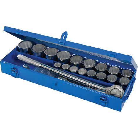 Silverline – Coffret de clés et douilles métriques 3/4'' – 21 pièces – Douilles de 19 à 50 mm – Acier chrome vanadium – Rallonges 100 et 200 mm (1/10)