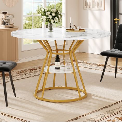 Tavolo rotondo da pranzo MDF effetto marmo e metallo oro, Ø100x76 cm con ripiano centrale (1/5)
