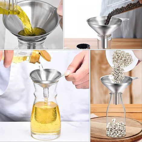 Set di 3 imbuti da cucina in acciaio inox (Ø 7,5 cm / 5,5 cm / 4,5 cm) - Include 1 spazzolino per la pulizia - Per riempire e versare - Argento - Set da 4 pezzi (1/5)