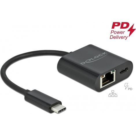 Delock Adaptador USB Type-Câ¢ a Gigabit LAN 10/100/1000 Mbps con puerto de entrega de energÃ­a negro