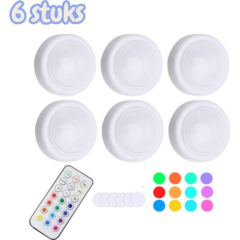 Lot de 6 veilleuses LED avec télécommande - Lampe de chevet - Éclairage de placard - Fonction variateur avec minuterie - 12 couleurs - Piles non incluses - Interrupteur tactile - Lumières multicolores (1/5)