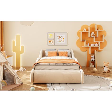 Lit capitonné enfant 90x200 cm en velours doux avec tête haute, grilles latérales, matelas intégré, beige élégant, lit simple moderne. (1/5)