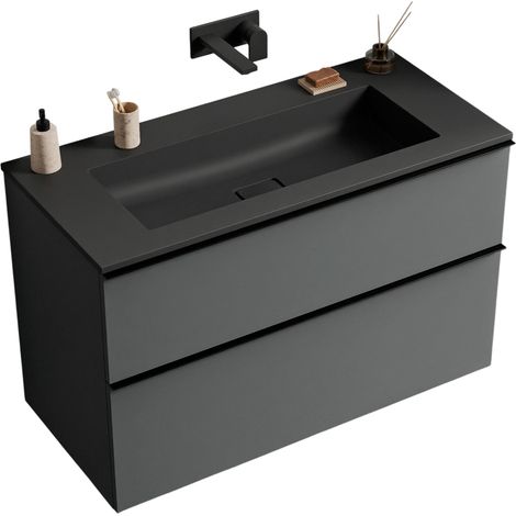 BERNSTEIN - Meuble vasque suspendu MDF Anthracite mat, lavabo fonte Noir mat sans trou robinet, poignée Anthracite mat - 100x46x62cm - LAVOA (1/5)