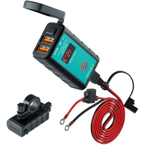 Dual USB Prise Moto, IP66 Étanche 3.0 Charge Rapide USB avec Voltmètre 6-30V + on/Off + 1.4m SAE vers Connecteur Torique avec Fusible 10A, Chargeur de Voiture pour Bateau SUV 12V/24V (1/5)