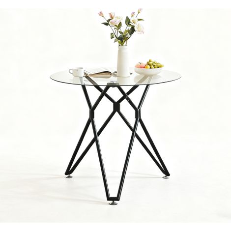 Table de salle à manger ronde de 90 cm en verre trempé, idéale pour 1 à 4 personnes, compacte et peu encombrante, avec pieds en métal robustes. Convient aux salles à manger et aux salons. Couleur : no