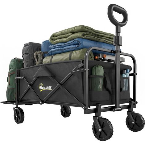Carrello da Giardino 72L Pieghevole con Manico Regolabile, in Acciaio e Tessuto Oxford, 114x46x92 cm, Nero