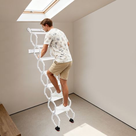 Escalier escamotable mural de niveau 7, 40 x 195 cm, escalier coulissant d'intérieur, échelle télescopique en métal, échelle pliante antidérapante, charge maximale 200 kg, blanc