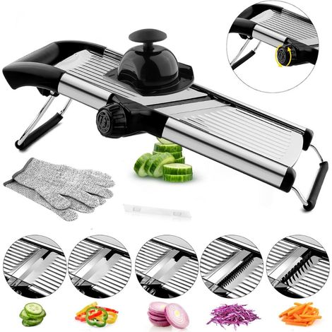 Gemüseschneider – Mandoline – Zwiebelschneider – Küchenschneider – Würfelschneider – Multifunktional – Edelstahl – Inkl. Handschuhe, Reinigungsbürste und Griff (1/5)