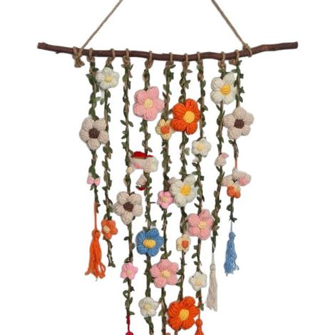 Gehäkelte Blumenwanddekoration – 50 cm Stiel mit 80 cm herabhängendem Blütenstiel, handgefertigtes Makramee aus Baumwolle im Bohème-Stil, ideal für Schlafzimmer, Wohnzimmer, Kinderzimmer, Café oder al (1/5)