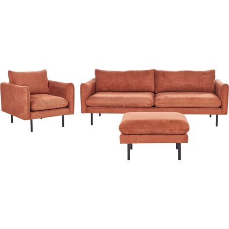 Set da salotto con divano 3 posti con poltrona e ottomana in tessuto ciniglia marrone dorato gambe nere Vinterbro