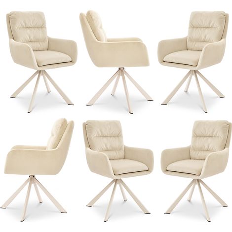 Bon Furni Sillas giratorias 360° terciopelo marfil patas blancas, juego de 6