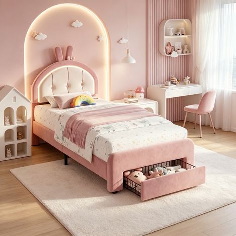 Lit simple 90x200,lit enfant,lit adulte,lit princesse,lit fille,avec sommier à lattes,LED,tissu en Velours,Rose (1/5)