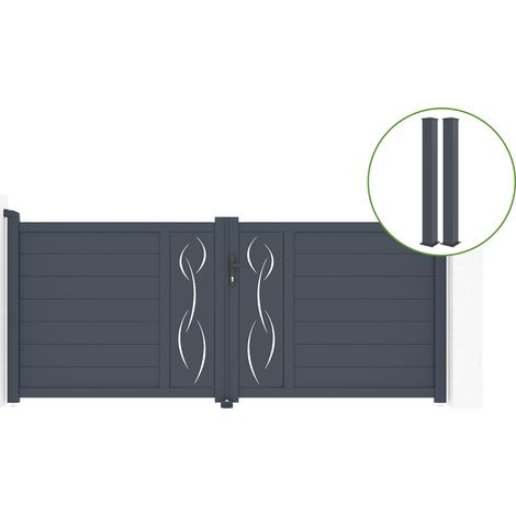 Portail battant 3m LIFE H.120cm alu + 2 poteaux EIFEL 15x15cm H.166cm GRIS (1/5)