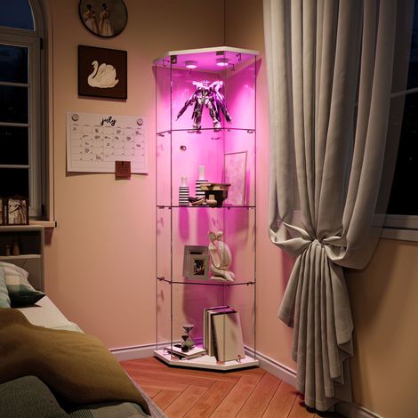 Vitrine d'angle en verre - Vitrine pour collection à 4 étagères avec éclairage LED, design pentagonal, hauteur 162 cm - Lumière tactile, blanc